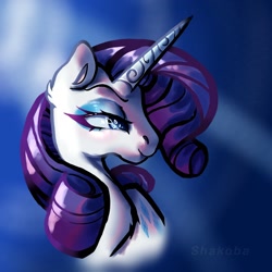 Size: 1280x1280 | Tagged: safe, artist:shakoba, character:rarity, species:pony, species:unicorn, g4, abstract background, beautiful, bust, cute, female, instagram, light, mare, portrait, profile, raribetes, side view, signature, solo