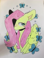 Size: 3024x4032 | Tagged: safe, artist:anwa-gows-uwu, character:fluttershy, species:pegasus, species:pony, g4, blushing, female, hair over one eye, mare, simple background, solo, traditional art, white background