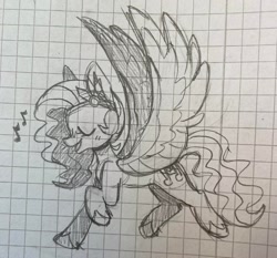 Size: 2692x2507 | Tagged: safe, artist:anwa-gows-uwu, character:pipp petals, species:pegasus, species:pony, g5, adorapipp, circlet, cute, eyes closed, female, graph paper, mare, monochrome, music notes, open mouth, pipp wings, profile, raised hoof, singing, sketch, solo, spread wings, traditional art, unshorn fetlocks, wings