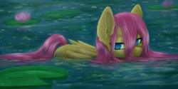 Size: 5000x2508 | Tagged: safe, artist:evlass, character:fluttershy, species:pegasus, species:pony, g4, colored pupils, cute, ear fluff, female, flower, folded wings, high res, lily pad, looking at you, mare, outdoors, partially submerged, shyabetes, smiling, smiling at you, solo, water, wet, wet mane, wings