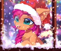 Size: 3594x3014 | Tagged: safe, artist:airiniblock, character:sunny starscout, species:earth pony, species:pony, g5, braid, chest fluff, christmas, christmas lights, clothing, colored eyebrows, cute, ear fluff, eye clipping through hair, eyebrows, eyebrows visible through hair, female, hat, high res, holiday, lights, mare, open mouth, open smile, santa hat, smiling, snow, snowfall, solo, string lights, sunnybetes, window, winter