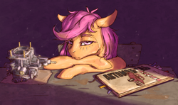 Size: 2458x1451 | Tagged: safe, artist:madhotaru, character:scootaloo, species:pegasus, species:pony, g4, book, car, carburetor, chair, colored eyebrows, cyrillic, desk, engine, female, floppy ears, front view, hooves on the table, looking at you, manual, mare, older, older scootaloo, russian, solo, tired