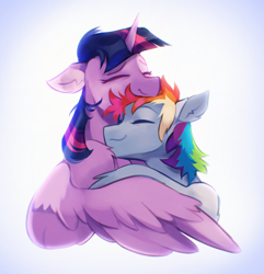 Size: 1974x2048 | Tagged: safe, artist:draw3, character:rainbow dash, character:twilight sparkle, character:twilight sparkle (alicorn), species:alicorn, species:pegasus, species:pony, ship:twidash, g4, bust, comfy, cute, dashabetes, ear fluff, eyes closed, female, floppy ears, gradient background, hug, lesbian, mare, messy mane, profile, shipping, shoulder fluff, simple background, smiling, twiabetes, white background, winghug, wings