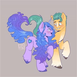 Size: 2700x2700 | Tagged: safe, artist:twillow, character:hitch trailblazer, character:izzy moonbow, species:earth pony, species:pony, species:unicorn, ship:izzyhitch, g5, blaze (coat marking), blushing, bracelet, coat markings, colored hooves, cute, duo, duo male and female, female, friendship bracelet, gradient hair, hitchbetes, hooves, izzybetes, jewelry, long mane, looking at each other, looking at someone, male, mare, multicolored hair, open mouth, open smile, profile, raised hoof, raised leg, shipping, signature, simple background, smiling, socks (coat marking), stallion, straight, three quarter view, unshorn fetlocks