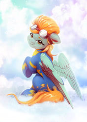 Size: 1873x2646 | Tagged: safe, artist:itssim, character:lightning dust, species:pegasus, species:pony, g4, clothing, cloud, colored eyebrows, cute, dustabetes, eyebrows, female, goggles, goggles on head, high res, looking at you, looking back, looking back at you, mare, on a cloud, outdoors, partially open wings, raised hoof, sitting, smiling, smiling at you, solo, turned head, uniform, wings, wonderbolts, wonderbolts uniform