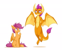 Size: 2048x1673 | Tagged: safe, artist:buvanybu, character:scootaloo, character:smolder, species:dragon, species:pegasus, species:pony, g4, :t, chest fluff, colored pupils, dragoness, duo, eyebrows, eyebrows visible through hair, female, flying, looking at each other, looking at someone, simple background, sitting, spread wings, three quarter view, white background, wings