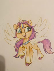 Size: 1536x2048 | Tagged: safe, artist:swirlmlp69768, character:sunny starscout, species:alicorn, species:earth pony, species:pony, g5, alicornified, artificial horn, artificial wings, augmented, coat markings, colored hooves, colored pencil drawing, cute, female, hooves, horn, magic, magic horn, magic wings, mane stripe sunny, mare, race swap, socks (coat marking), solo, sunny's buttons, sunnybetes, sunnycorn, traditional art, unshorn fetlocks, wings
