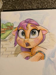 Size: 1536x2048 | Tagged: safe, artist:swirlmlp69768, part of a set, character:sunny starscout, species:earth pony, species:pony, g5, my little pony: a new generation, adorable distress, blushing, colored eyebrows, colored pencil drawing, cute, eyebrows, female, floppy ears, mare, open mouth, photo, shocked, sunnybetes, surprised face, traditional art, wingding eyes