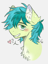 Size: 3072x4096 | Tagged: safe, artist:sandbarx3, derpibooru original, character:sandbar, species:earth pony, species:pony, g4, blushing, chest fluff, colored ear fluff, cute, dialogue, ear fluff, freckles, head, heart, male, multicolored mane, pale belly, sandabetes, side view, solo, speech bubble, stallion, text, two toned mane