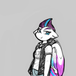 Size: 900x900 | Tagged: safe, artist:zutcha, character:zipp storm, species:anthro, species:pegasus, g5, colored, colored eyebrows, colored sketch, colored wings, eyebrows, female, floppy ears, gray background, looking at you, mare, multicolored wings, simple background, sketch, solo, wings