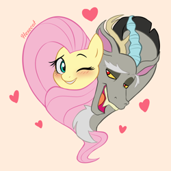 Size: 2500x2500 | Tagged: safe, artist:hexecat, character:discord, character:fluttershy, species:draconequus, species:pegasus, species:pony, ship:discoshy, g4, cute, discute, female, heart, male, mare, shipping, shyabetes, signature, simple background