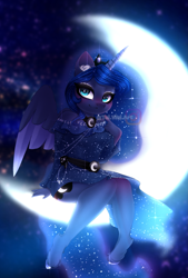 Size: 1353x2000 | Tagged: safe, artist:taiweiart, character:princess luna, species:alicorn, species:anthro, species:unguligrade anthro, g4, colored hooves, colored wings, crescent moon, crown, female, hooves, instagram watermark, jewelry, mare, moon, multicolored wings, regalia, sitting, smiling, solo, tangible heavenly object, two toned wings, unshorn fetlocks, wings