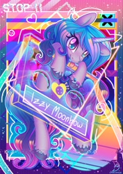 Size: 2480x3508 | Tagged: safe, artist:wavecipher, character:izzy moonbow, species:pony, species:unicorn, g5, aesthetics, bracelet, colored hooves, compact cassette, cute, female, gradient hair, heart, heart eyes, high res, hooves, izzybetes, jewelry, mare, multicolored hair, neon, solo, tongue out, triangle, unshorn fetlocks, vaporwave, wingding eyes