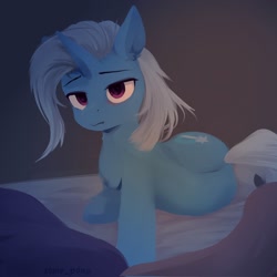 Size: 2048x2048 | Tagged: safe, alternate version, artist:some_ponu, character:trixie, species:pony, species:unicorn, g4, bed, blanket, cute, diatrixes, female, mare, morning ponies, pillow, simple background, solo