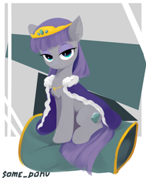 Size: 1880x2283 | Tagged: safe, artist:some_ponu, character:maud pie, species:earth pony, species:pony, g4, abstract background, cape, clothing, crown, cushion, female, jewelry, looking at you, mare, pillow, regalia, signature, sitting, solo