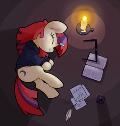 Size: 2000x2100 | Tagged: safe, artist:kumakum, derpibooru original, character:moondancer, species:pony, species:unicorn, g4, book, candle, clothing, cute, dancerbetes, digital art, eyes closed, feather, female, inkwell, lying down, mare, on side, quill, signature, sleeping, solo, sweater