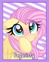 Size: 1200x1500 | Tagged: safe, artist:littleblackraencloud, character:fluttershy, species:pegasus, species:pony, g4, badge, blushing, bust, cute, dawwww, female, hoof on face, mare, portrait, shyabetes, solo, striped background, teary eyes