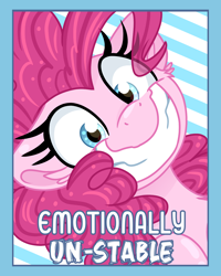 Size: 1200x1500 | Tagged: safe, artist:littleblackraencloud, character:pinkie pie, species:earth pony, species:pony, g4, badge, bust, female, mare, portrait, solo, striped background