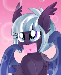 Size: 2232x2732 | Tagged: safe, artist:spookyle, oc, oc only, oc:moonlit mist, species:bat pony, species:pony, g4, abstract background, bat pony oc, bat wings, cute, cute little fangs, fangs, female, freckles, holding, letter, mare, mouth hold, ocbetes, sharp teeth, signature, solo, wings