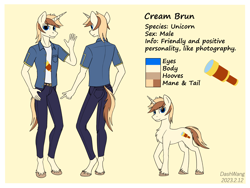 Size: 3000x2250 | Tagged: safe, artist:dash wang, oc, oc:cream brun, species:anthro, species:pony, species:unguligrade anthro, species:unicorn, g4, anthro oc, clothing, colored hooves, cutie mark, eyebrows, eyebrows visible through hair, front view, hand, hooves, horn, looking at you, male, rear view, reference sheet, simple background, stallion, text, three quarter view, unicorn oc, unshorn fetlocks, yellow background