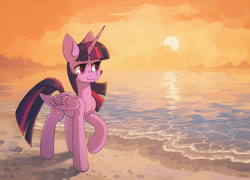 Size: 2032x1462 | Tagged: safe, artist:koviry, character:twilight sparkle, character:twilight sparkle (alicorn), species:alicorn, species:pony, g4, beach, commission, female, lidded eyes, mare, outdoors, raised hoof, scenery, smiling, solo, sun, three quarter view, water, ych example, your character here