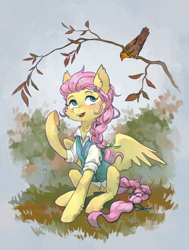 Size: 1682x2224 | Tagged: safe, artist:koviry, character:fluttershy, species:bird, species:pegasus, species:pony, g4, braid, clothing, cute, eyebrows, female, forest, looking up, mare, open mouth, raised hoof, shirt, shyabetes, sitting, solo, spread wings, sweater vest, tree branch, wings