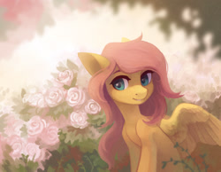 Size: 2000x1555 | Tagged: safe, artist:koviry, character:fluttershy, species:pegasus, species:pony, g4, bust, colored eyebrows, colored pupils, cute, eyebrows, female, flower, head turn, mare, shyabetes, smiling, solo, spread wings, three quarter view, wings