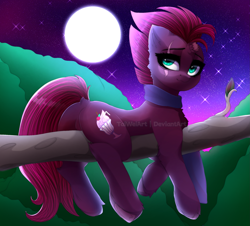 Size: 2217x2000 | Tagged: safe, artist:taiweiart, character:tempest shadow, species:pony, species:unicorn, g4, broken horn, butt, chest fluff, dock, eye scar, facial scar, featureless crotch, female, full moon, horn, mare, moon, night, plot, scar, solo, tail, tree branch, watermark