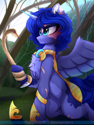 Size: 1875x2500 | Tagged: safe, artist:taiweiart, oc, oc only, oc:prince eclipse, species:alicorn, species:pony, g4, alicorn oc, armor, clothing, hoof shoes, male, scar, shoes, snake, solo, spread wings, stallion, three quarter view, wings