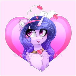 Size: 1500x1500 | Tagged: safe, artist:taiweiart, character:izzy moonbow, species:pony, species:unicorn, g5, my little pony: tell your tale, spoiler:tyts01e44, blep, bust, cute, female, gradient hair, heart, holiday, izzybetes, looking up, mare, multicolored hair, pink background, secret ad-mare-er, simple background, solo, tongue out, valentine's day