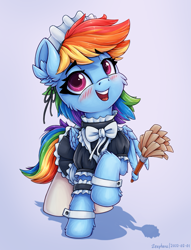 Size: 1375x1800 | Tagged: safe, artist:zeepheru_pone, character:rainbow dash, species:pegasus, species:pony, g4, blushing, bow, cheek fluff, clothing, cute, dashabetes, duster, ear fluff, eyebrows, eyebrows visible through hair, female, looking at you, maid, maid headdress, mare, rainbow dash always dresses in style, rainbow maid, simple background, smiling, socks, solo, stockings, thigh highs, wing hold, wings