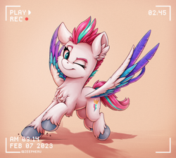 Size: 1760x1581 | Tagged: safe, artist:zeepheru_pone, character:zipp storm, species:pegasus, species:pony, g5, action pose, adorazipp, chest fluff, colored hooves, colored wings, cute, ear fluff, eyebrows, female, full body, gradient background, hooves, looking at you, mare, multicolored wings, one eye closed, pose, recording, shadow, signature, smiling, smiling at you, solo, spread wings, three quarter view, timestamp, unshorn fetlocks, wings, wink, winking at you