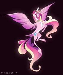 Size: 2471x2920 | Tagged: safe, artist:marbola, character:princess cadance, species:alicorn, species:pony, g4, black background, crown, eyes closed, female, jewelry, mare, necklace, peytral, regalia, simple background, solo, spread wings, wings