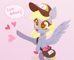 Size: 3000x2426 | Tagged: safe, artist:belka-sempai, character:derpy hooves, species:pegasus, species:pony, g4, bag, baseball cap, cap, chest fluff, clothing, colored pupils, cute, derpabetes, dialogue, envelope, equestria's best mailmare, featured on derpibooru, female, hat, heart, heart hoof, high res, holiday, hoof heart, mailbag, mare, open mouth, open smile, pink background, raised hoof, rearing, simple background, smiling, solo, speech bubble, spread wings, sweet dreams fuel, text, three quarter view, underhoof, valentine, valentine's day, wings