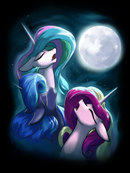 Size: 1200x1600 | Tagged: safe, artist:rocket-lawnchair, character:princess cadance, character:princess celestia, character:princess luna, species:alicorn, species:pony, g4, alicorn triarchy, behaving like a wolf, bust, ears back, eyes closed, female, floppy ears, full moon, howling, mare, meme, moon, night, nose in the air, open mouth, ponified, ponified meme, profile, three quarter view, three wolf moon, trio