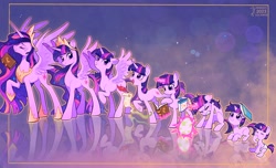 Size: 2048x1245 | Tagged: safe, artist:universe5052, character:twilight sparkle, character:twilight sparkle (alicorn), character:twilight sparkle (unicorn), species:alicorn, species:pony, species:unicorn, episode:the last problem, g4, my little pony: friendship is magic, abstract background, age progression, bag, book, clothing, concave belly, crown, diaper, egg, ethereal mane, eyes closed, feather, female, filly, filly twilight sparkle, glowing horn, height difference, hoof shoes, jewelry, letter, magic, mare, necklace, older, older twilight, peytral, princess twilight 2.0, quill, raised hoof, reflection, regalia, saddle bag, scroll, shoes, sitting, size difference, slim, solo, spike's egg, spread wings, standing, tail, tall, telekinesis, thin, wings, young, younger