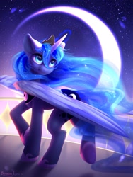 Size: 1620x2160 | Tagged: safe, artist:bloominglynx, character:princess luna, species:alicorn, species:pony, g4, crescent moon, cute, female, glowing horn, horn, looking up, lunabetes, magic, magic aura, mare, moon, night, raised hoof, raised leg, solo, standing on two hooves