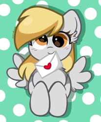 Size: 846x1022 | Tagged: safe, artist:kittyrosie, character:derpy hooves, species:pegasus, species:pony, g4, cute, daaaaaaaaaaaw, derpabetes, ear fluff, holding, holiday, letter, mouth hold, valentine's day