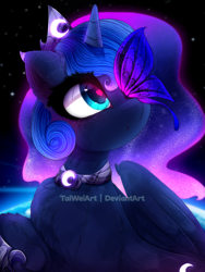 Size: 1500x2000 | Tagged: safe, artist:taiweiart, character:princess luna, species:alicorn, species:pony, g4, butterfly, butterfly on nose, chest fluff, crown, cute, female, fluffy, heart eyes, jewelry, looking up, lunabetes, mare, necklace, peytral, regalia, solo, wing fluff, wingding eyes, wings