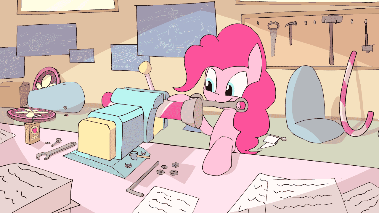 Size: 1280x720 | Tagged: safe, artist:kanashiipanda, character:pinkie pie, species:earth pony, species:pony, g4, allen wrench, animated, bolts, candy, candy cane, cannon, christmas, crosscut saw, cute, diapinkes, drink, engie pie, engineering, female, fixing, flag, food, frame by frame, hammer, holding, holiday, juice, juice box, mallet, mare, mouth hold, party cannon, photoshop, saw, schematics, sledgehammer, smiling, smooth as butter, solo, tools, vice, vise, weapon, wrench
