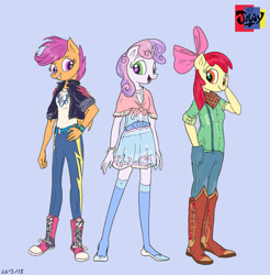 Size: 2163x2195 | Tagged: safe, artist:jowyb, character:apple bloom, character:scootaloo, character:sweetie belle, species:anthro, species:pegasus, species:plantigrade anthro, species:pony, species:unicorn, g4, 2015, apple family member, belt, boots, clothing, converse, cowboy boots, cutie mark crusaders, denim, jacket, jeans, old art, pants, scarf, shirt, shoes, simple background, skirt, sneakers, solo