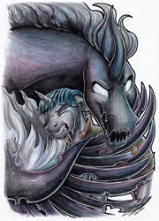 Size: 2498x3475 | Tagged: safe, artist:lupiarts, character:pony of shadows, character:stygian, species:pony, species:unicorn, episode:shadow play, g4, my little pony: friendship is magic, clothing, commission, eyes closed, glowing eyes, high res, male, teeth, traditional art, wings