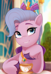Size: 1755x2546 | Tagged: safe, artist:maren, character:queen haven, species:pegasus, species:pony, g5, cup, eye clipping through hair, eyebrows, eyebrows visible through hair, female, grin, high res, looking at you, mare, plate, smiling, smiling at you, table, teacup