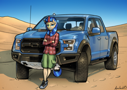 Size: 2283x1614 | Tagged: safe, artist:apocheck13, oc, oc only, species:anthro, species:kirin, clothing, commission, day, desert, explicit source, eyebrows, ford, horn, looking at you, pickup truck, shirt, shoes, shorts, sky, smiling, sneakers, solo