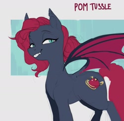 Size: 1655x1623 | Tagged: safe, artist:cadillacdynamite, oc, oc only, oc:pom tussle, species:bat pony, species:pony, bat wings, cutie mark, eyebrows, eyelashes, fangs, female, mare, questionable source, sharp teeth, simple background, solo, tail, wings