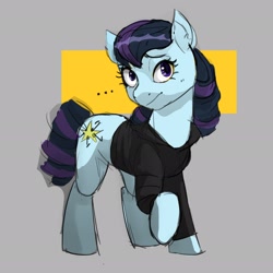 Size: 2654x2654 | Tagged: safe, artist:cadillacdynamite, character:coloratura, species:earth pony, species:pony, g4, ..., clothing, cute, cutie mark, female, hooves, looking at you, mare, one hoof raised, questionable source, rarabetes, simple background, smiling, solo, sweater