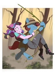 Size: 2480x3508 | Tagged: safe, artist:cadillacdynamite, character:starlight glimmer, oc, oc:jungle trek, species:earth pony, species:eqg human, species:pony, g4, beanie, blushing, boots, canon x oc, clothing, duo, duo male and female, eyebrows, eyelashes, female, hat, high heel boots, high heels, interspecies, male, pants, pith helmet, questionable source, shipping, shirt, shoes, shorts, stallion, swinging