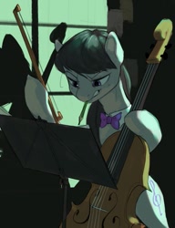 Size: 965x1254 | Tagged: safe, artist:cadillacdynamite, character:octavia melody, species:earth pony, species:pony, g4, bipedal, bow (instrument), bow tie, cello, clothing, eyebrows, female, holding, hoof hold, magnetic hooves, mare, mouth hold, musical instrument, pencil, questionable source, sheet music, solo