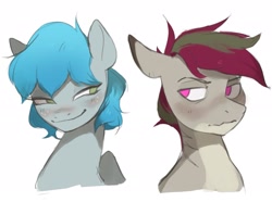 Size: 1901x1413 | Tagged: safe, artist:cadillacdynamite, oc, oc only, oc:cadillac dynamite, oc:virtuous hope, species:pegasus, species:pony, blushing, bust, colored, colored sketch, duo, freckles, looking sideways, oc x oc, original species, questionable source, shark, shark pony, shipping, simple background, sketch, smiling, smirk, white background