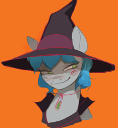 Size: 728x788 | Tagged: safe, artist:cadillacdynamite, oc, oc:virtuous hope, species:pegasus, species:pony, bust, clothing, costume, female, halloween, halloween costume, hat, holiday, jewelry, mare, necklace, orange background, portrait, questionable source, simple background, solo, witch hat